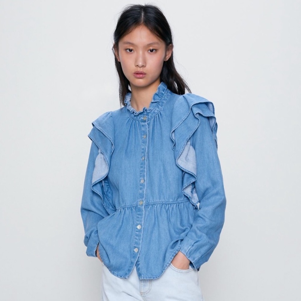 Zara ruffled denim button down shirt NWT